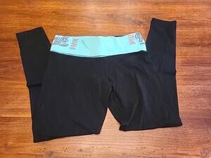 BLING Victoria Secret Pink Black SEQUIN LOGO FOLDOVER YOGA LEGGING PANT S